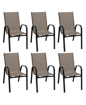 6 Pieces Patio Stackable Dining Chairs with Curved Armrests and Breathable Fabric