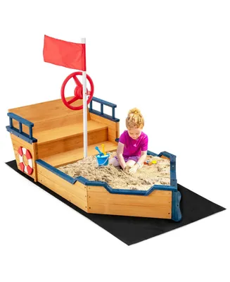 Kids Pirate Boat Wooden Sandbox Children Outdoor Playset