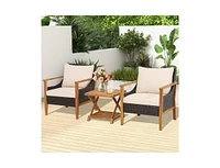Inolait 3 Pieces Patio Wicker Furniture Set with 2-Tier Side Table and Cushioned Armchairs
