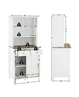 Freestanding Kitchen Pantry with Hutch Sliding Door and Drawer-White