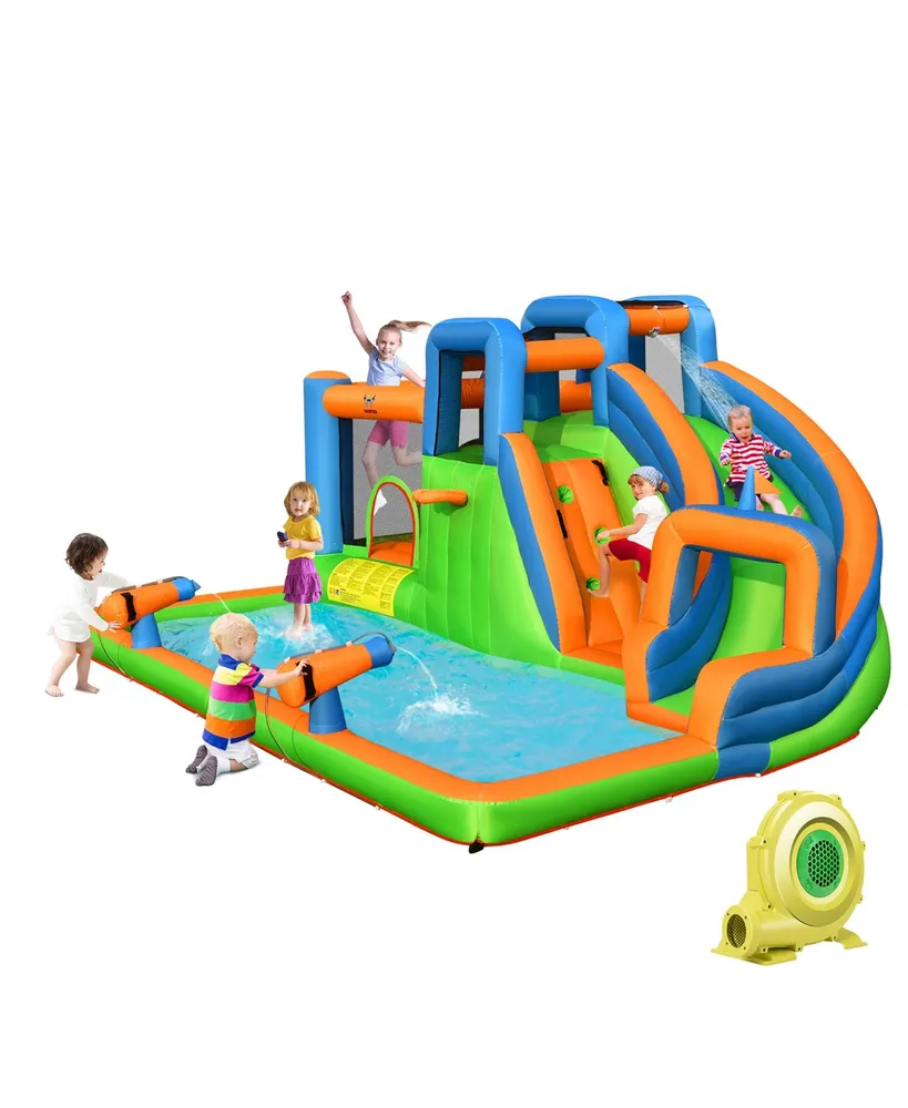 7-in-1 Inflatable Giant Water Park Bouncer with Dual Climbing Walls and 735W Blower