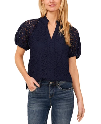 CeCe Women's Floral Lace Puff Sleeve Split Neck Top