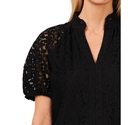 CeCe Women's Floral Lace Puff Sleeve Split Neck Top