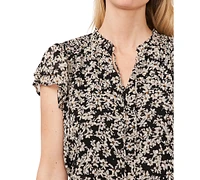 CeCe Women's Floral Clip-Dot Tie-Neck Flutter-Sleeve Top