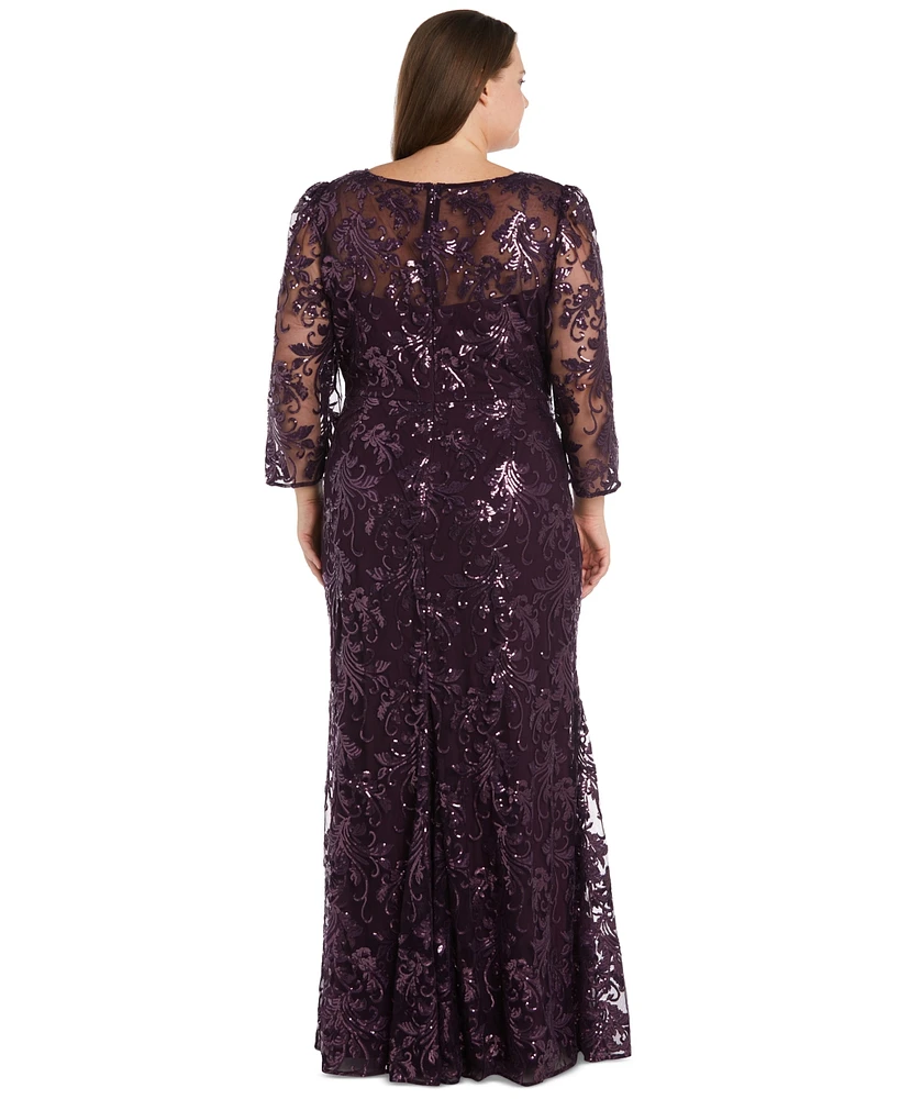 R & M Richards Plus Sequined Embroidered Gown