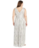 R & M Richards Plus Size Jacquard Embellished Pleated Gown