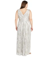 R & M Richards Plus Jacquard Embellished Pleated Gown