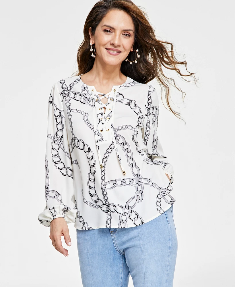 I.n.c. International Concepts Petite Long-Sleeve Lace-Up Blouse, Created for Macy's
