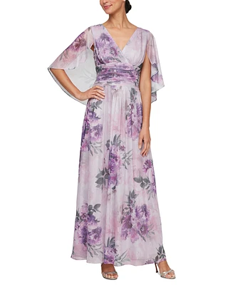 Sl Fashions Petite V-Neck FloraL-Print A-Line Gown