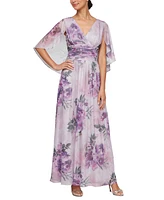 Sl Fashions Petite V-Neck FloraL-Print A-Line Gown