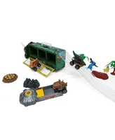 Kovot Dino Transport Truck Play set: 14" Long with Light & Music, 3 Cars, 27 Mini Dinosaurs, Props, Car Launcher, and Ramp