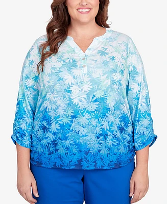 Alfred Dunner Plus Tradewinds Ombre Leaves Buttoned Split Neck Top