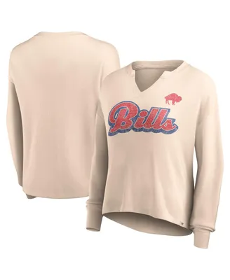 Women's Fanatics Tan Distressed Buffalo Bills Go For It Notch Neck Waffle Knit Lightweight Long Sleeve T-shirt