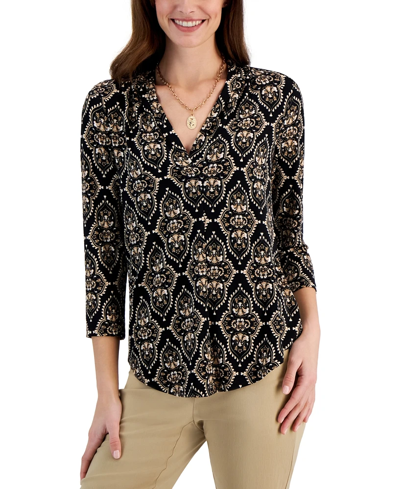 Jm Collection Women's Printed 3/4 Sleeve V-Neck Knit Top, Created for Macy's