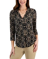 Jm Collection Women's Printed 3/4 Sleeve V-Neck Knit Top, Created for Macy's