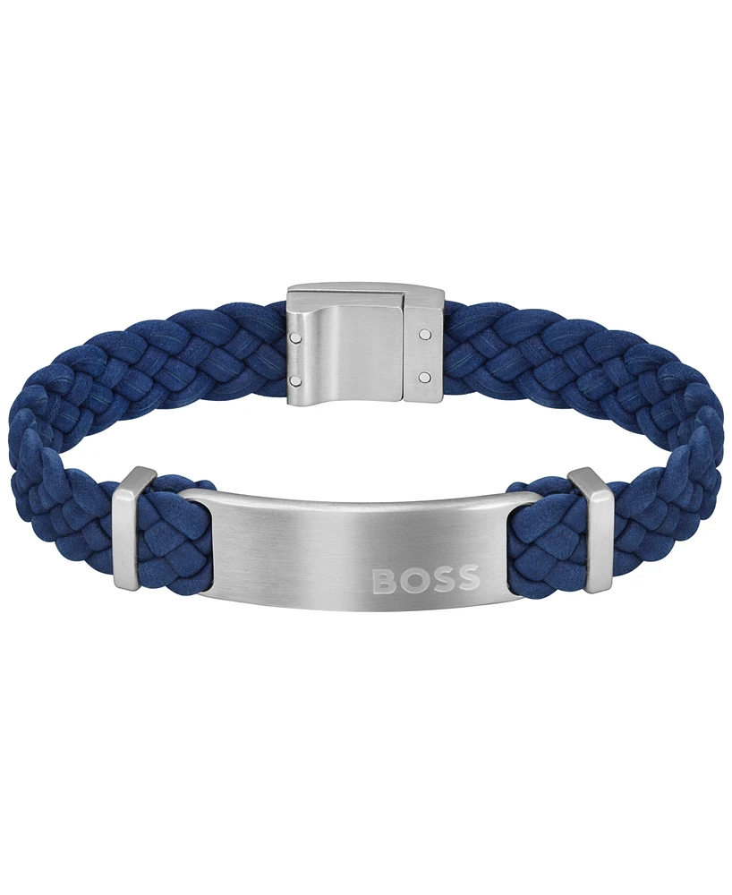 Boss Men's Dylan Stainless Steel Navy Leather Bracelet