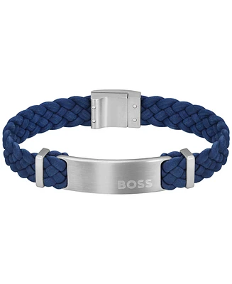 Boss Men's Dylan Stainless Steel Navy Leather Bracelet