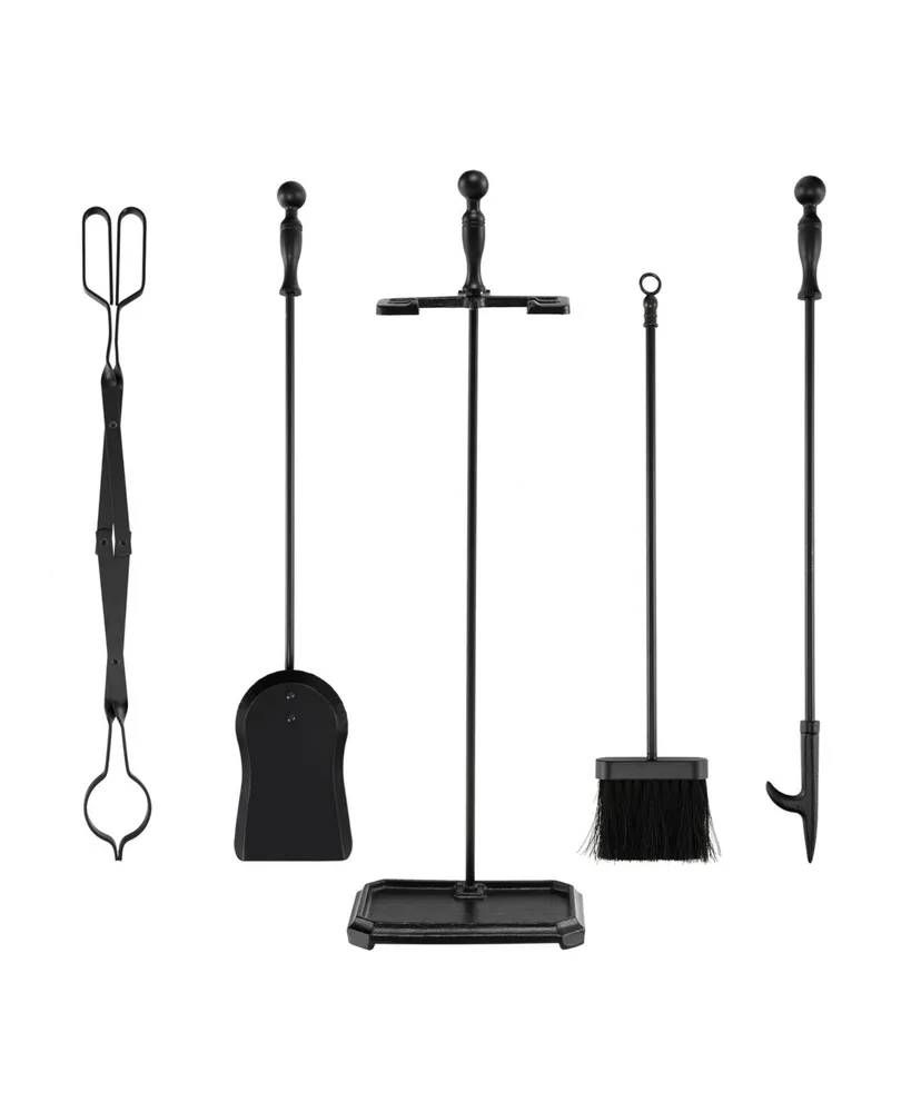 5-Piece Fireplace Tool Set with Tong Brush Shovel Poker Stand-Black