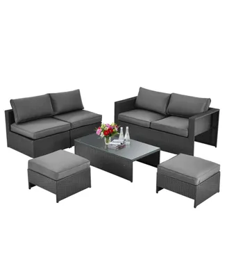 6 Pieces Patio Rattan Furniture Set with Glass Table and Cushioned Seat