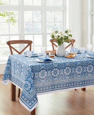 Vietri Medallion Blue Block Print Stain Water Resistant Indoor and Outdoor Tablecloth, 60" x 102" Rectangle