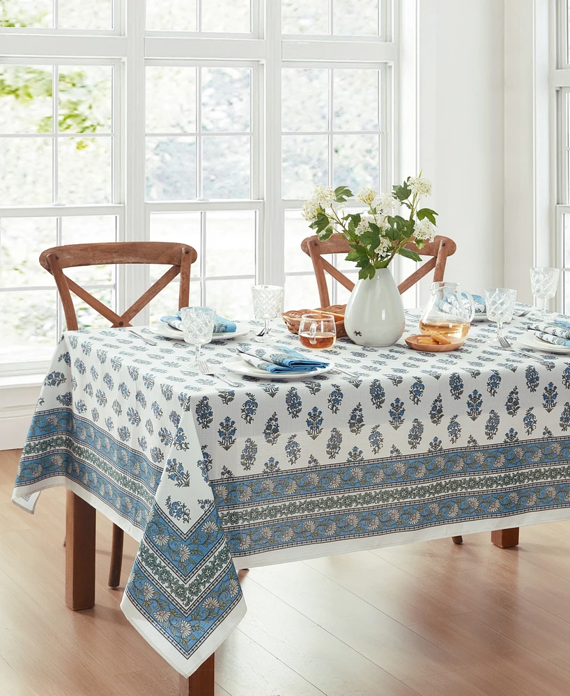 Tropez Block Print Stain Water Resistant Indoor and Outdoor Tablecloth, 60" x 144" Rectangle