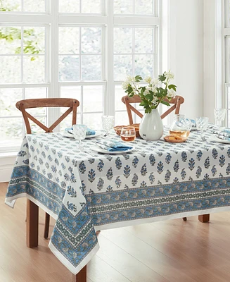 Tropez Block Print Stain Water Resistant Indoor and Outdoor Tablecloth, 60" x 144" Rectangle