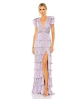 Mac Duggal Women's Ieena Ruffle Tiered Criss Cross Lace Up Gown