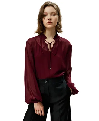 Tie Front Drawstring Georgette Blouse for Women