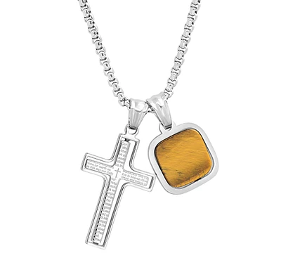 Steeltime Men's Silver-Tone Our Father English Prayer Spinning Cross & Square Pendant Necklace, 24"