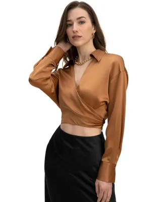 Pure Silk Blouse for Women Wrapover Cropped Shirt