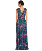 R & M Richards Women's Metallic Floral Print Sleeveless Gown