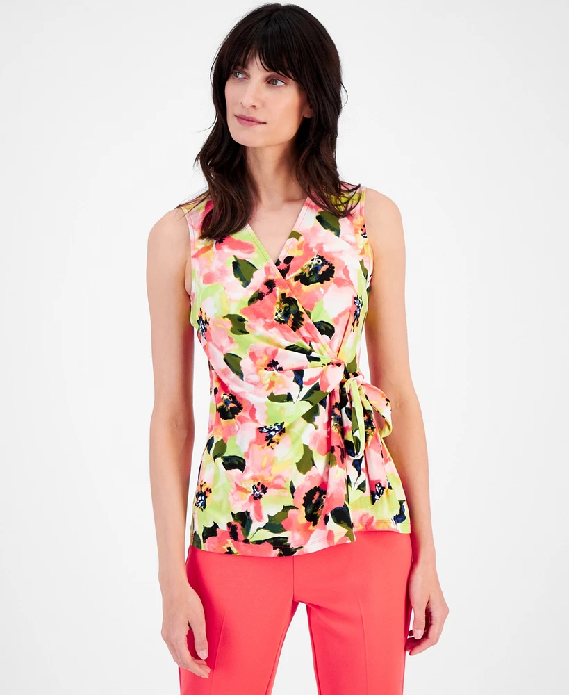 Anne Klein Petite Floral-Print Sleeveless Wrap Top