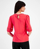 Anne Klein Women's Harmony Knit Open-Trim Elbow-Sleeve Top, Created for Macy's