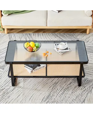 Simplie Fun Rectangular Double Layer Black Wood Coffee Table with Chinese Style Side Table