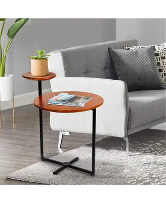 Simplie Fun Geo Collection 21 Inch Round Acacia Wood Accent End Table With 2 Tier Tabletops, Brown, Black