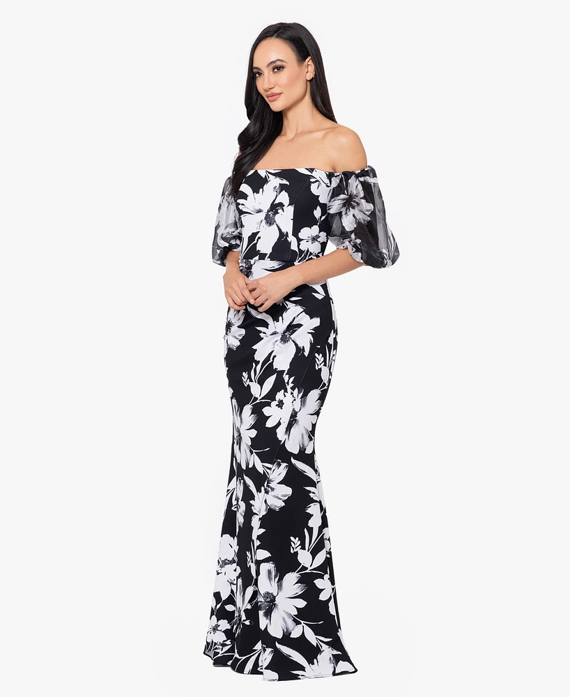 Xscape Petite Floral-Print Off-The-Shoulder Gown