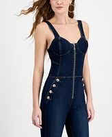 Guess Women's Janae Zipper-Front Button-Trim Denim Jumpsuit