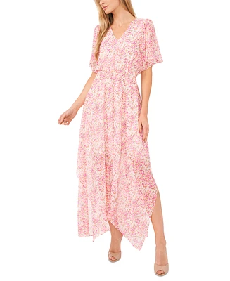 CeCe Women's Ditsy Floral Smocked-Waist Flutter-Sleeve Maxi Dress