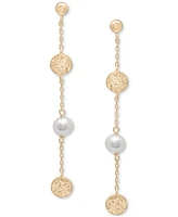 Cultured Freshwater Pearl (6-7mm) & Textured Disc Linear Drop Earrings in 14k Gold-Plated Sterling Silver