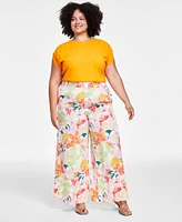 Bar Iii Trendy Plus Size Printed Pull-On Wide-Leg Pants, Created for Macy's