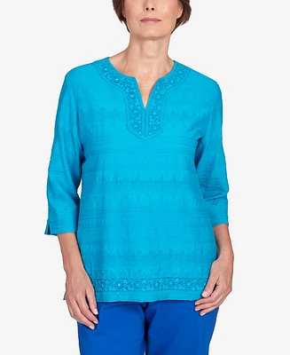 Alfred Dunner Petite Tradewinds Lace Texture Notched Top