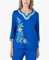 Alfred Dunner Petite Tradewinds Asymmetric Flower Crochet Trim Top