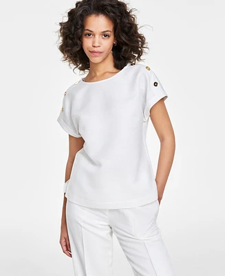Anne Klein Women's Linen-Blend Button-Shoulder Short-Sleeve Top, Regular & Petite