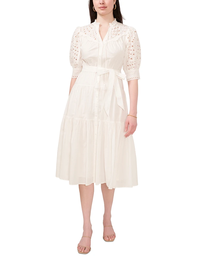 CeCe Women's Cotton Eyelet Short Puff Sleeve Midi Dress