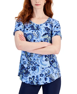 Jm Collection Women's Printed Knit Short-Sleeve Top, Created for Macy's