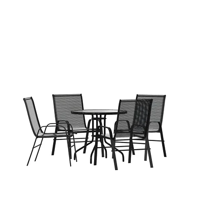 Five Piece Patio Table Set With Round Metal Tempered Glass Top And 4 Flex Comfort Stacking Chairs