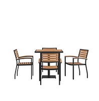 Alani Five Piece Faux Teak Patio Dining Set For Indoor And Outdoor Use - Square Table And Four Club Chairs With Arms