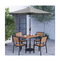 Forrest Seven Piece Faux Teak Patio Dining Set - Table, 4 Armless Stacking Club Chairs And 9' Umbrella & Base