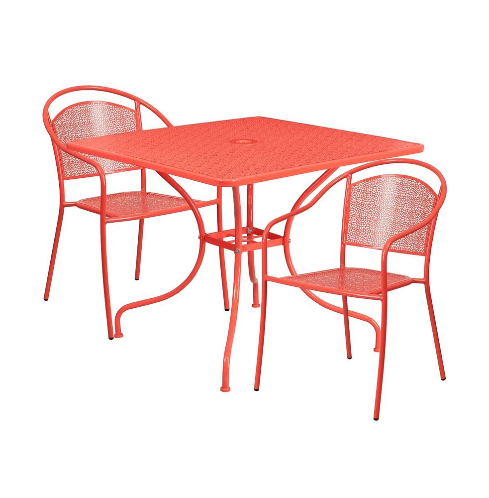 Commercial 35.5" Square Metal Garden Patio Table Set W/ 2 Round Back Chairs