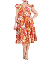 Vince Camuto Plus Printed V-Neck Flutter-Cap-Sleeve Dress